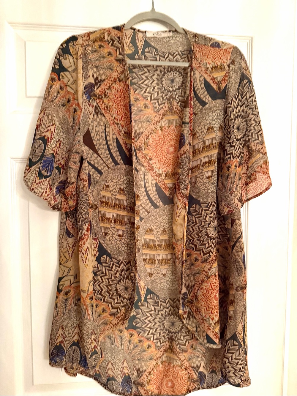 ELODIE Beige/Rust/ Dark Brown Sheer Kimono Patterned Women’s Duster. Sz Large.